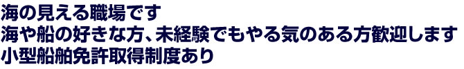 海の見える職場です。海や船の好きな方、未経験でもやる気のある方歓迎します。小型船舶免許取得制度あり